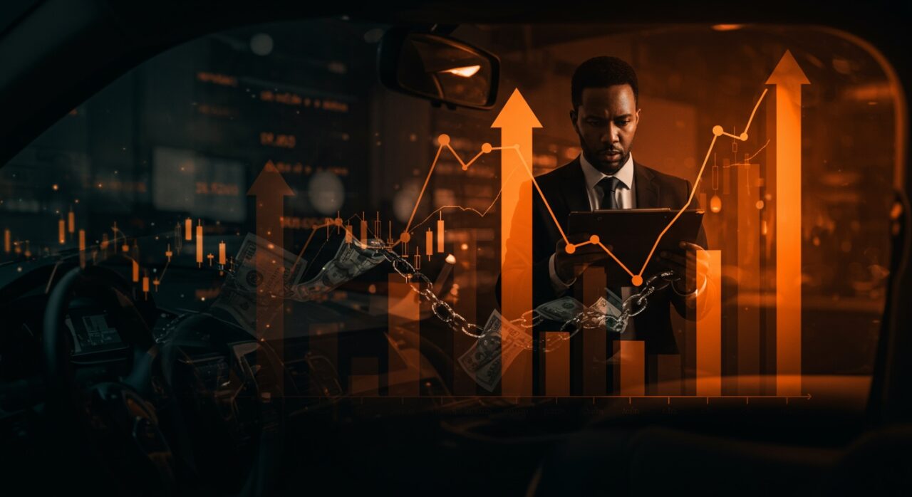 Crisis en préstamos automotrices con gráficos financieros y símbolos fintech en paleta naranja y negro, destacando el impacto en el mercado financiero y oportunidades de startups.