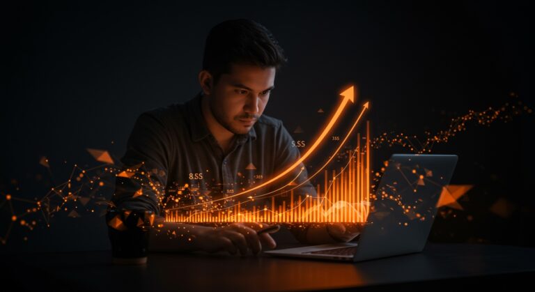 Fundador tech analizando gráficos de crecimiento y tracción de startup SaaS en un ambiente editorial en colores naranja y negro.