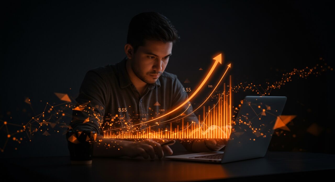 Fundador tech analizando gráficos de crecimiento y tracción de startup SaaS en un ambiente editorial en colores naranja y negro.