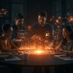 Siete startups innovadoras colaborando en un entorno tecnológico ilustrando aceleración, fintech, deeptech e innovación en sectores regulados.