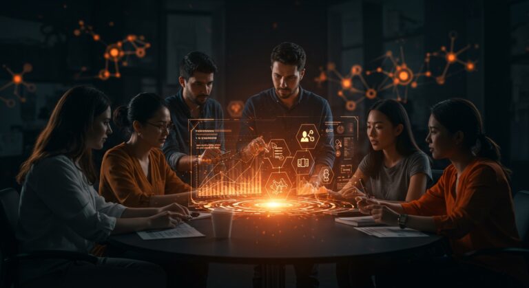 Siete startups innovadoras colaborando en un entorno tecnológico ilustrando aceleración, fintech, deeptech e innovación en sectores regulados.