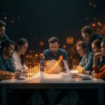 Siete startups innovadoras colaborando en un entorno tecnológico con mentoría legal y aceleración en salud, fintech y deeptech.