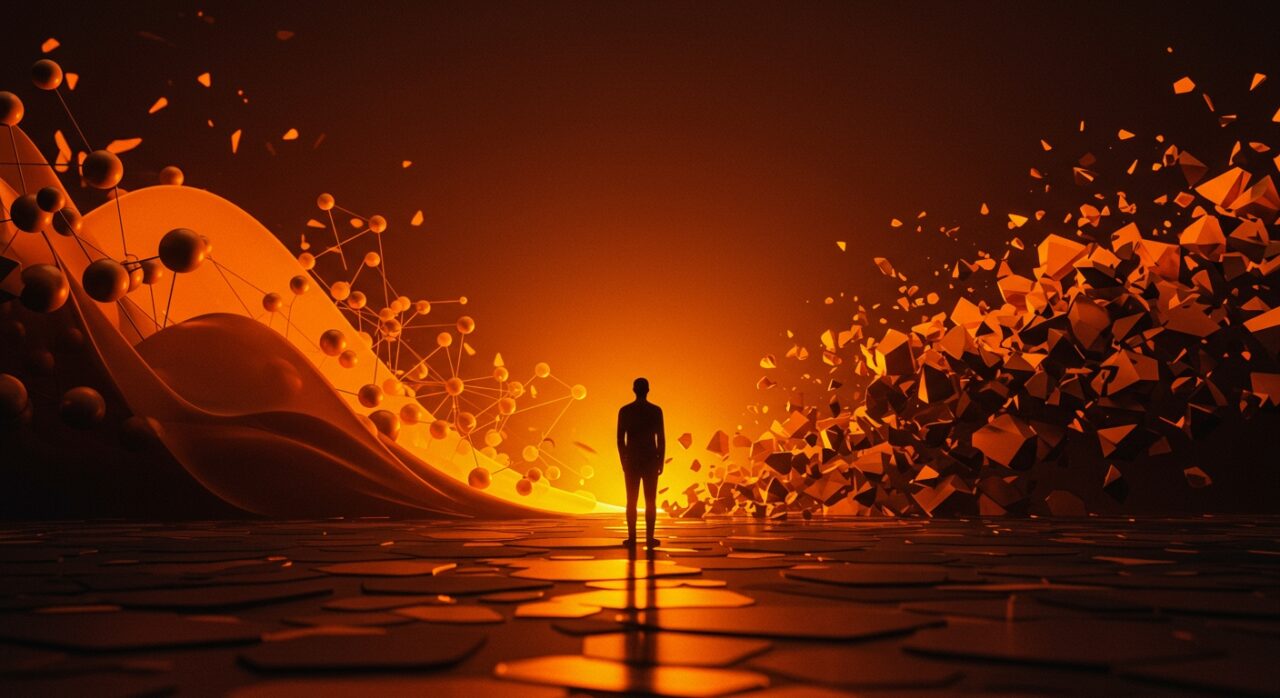 Fundador contemplando un horizonte digital que simboliza la homogeneización social y la innovación disruptiva en la cultura startup.