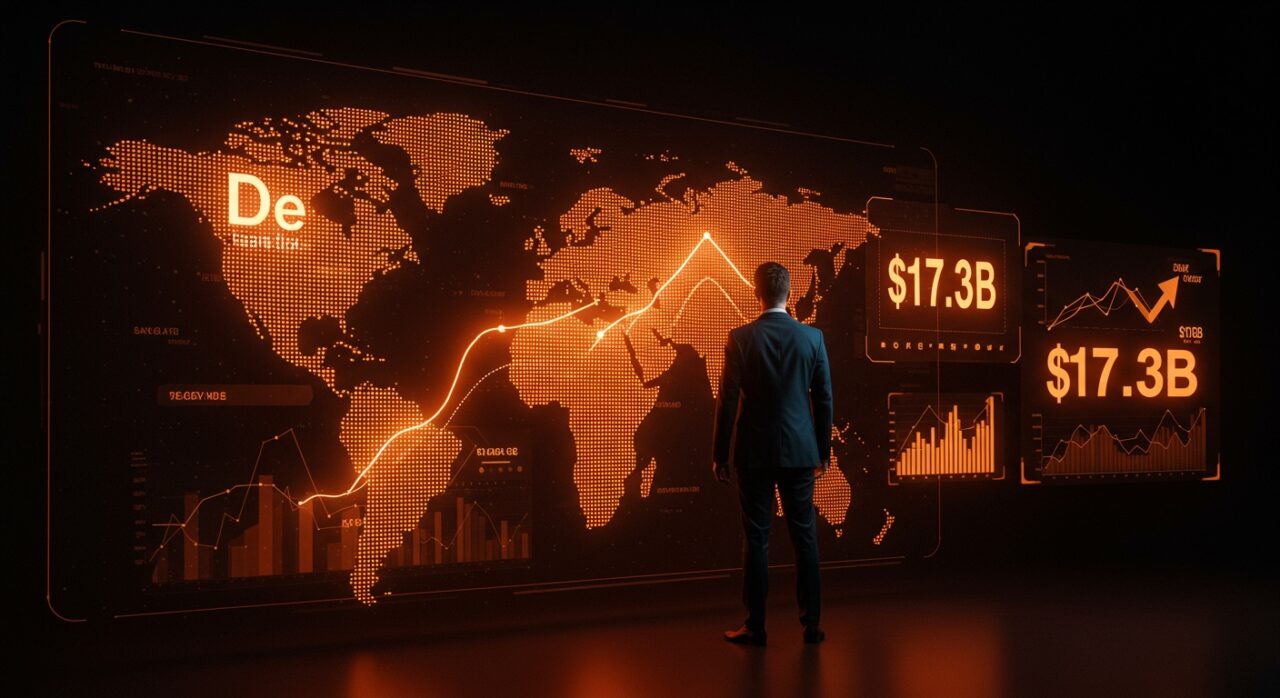 Líder empresarial frente a mapa digital global ilustrando la valuación y expansión de Deel en la ronda Serie E de financiamiento.