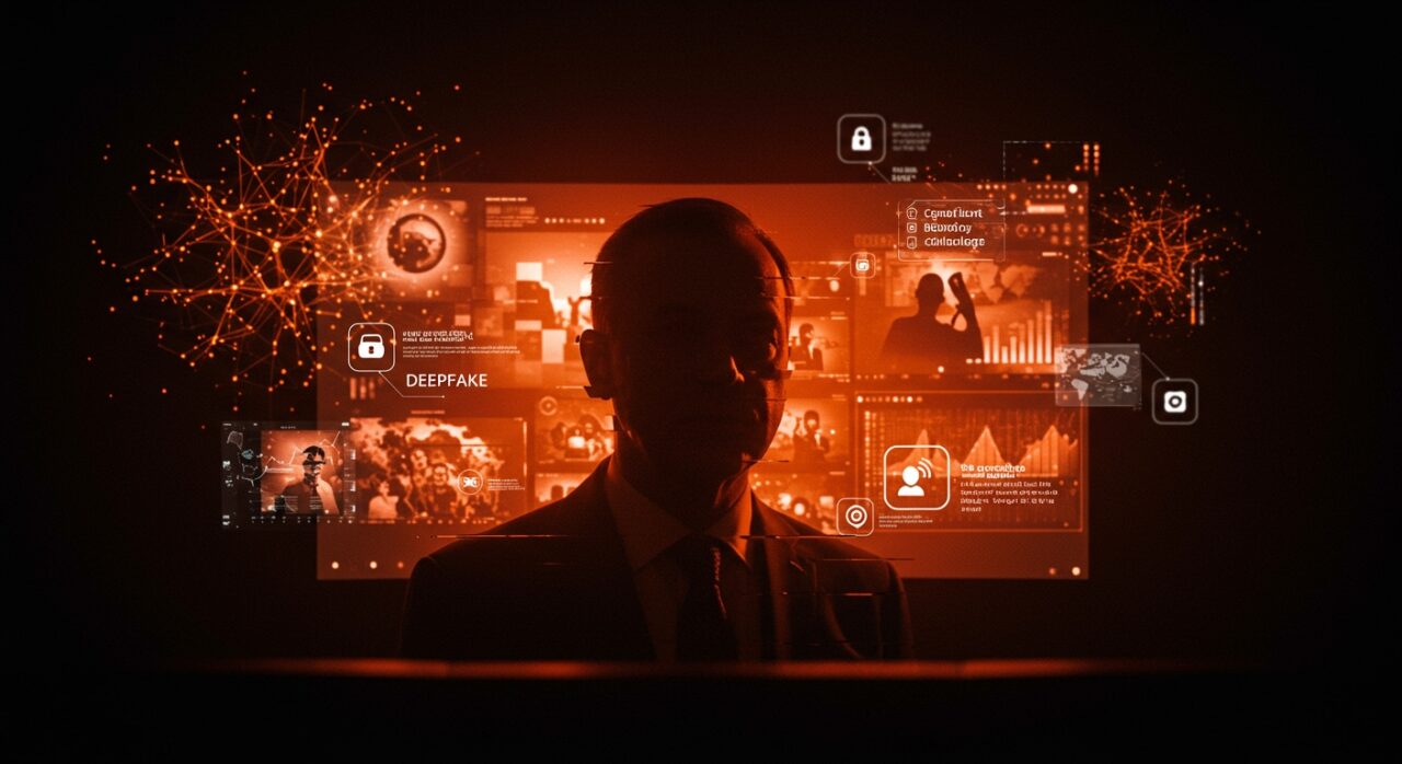 Imagen conceptual de deepfake político y moderación de contenido digital con inteligencia artificial en redes sociales.