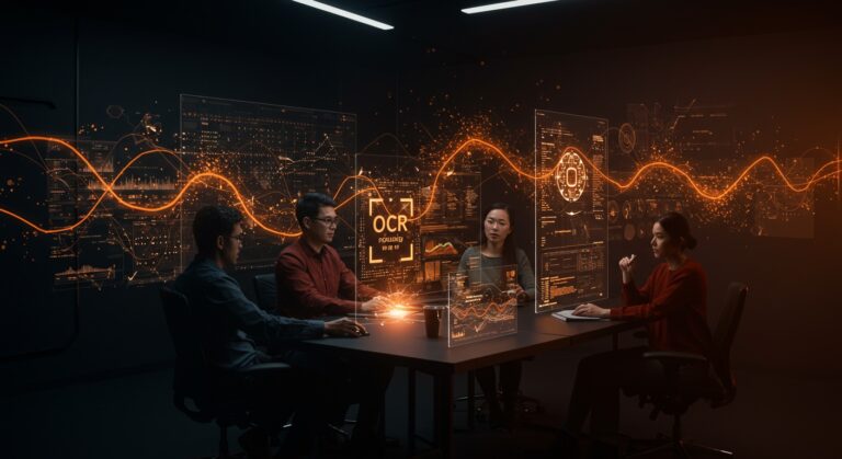 Reconocimiento óptico de caracteres avanzado con IA open source en un entorno startup futurista, destacando DeepSeek OCR y visión computacional.