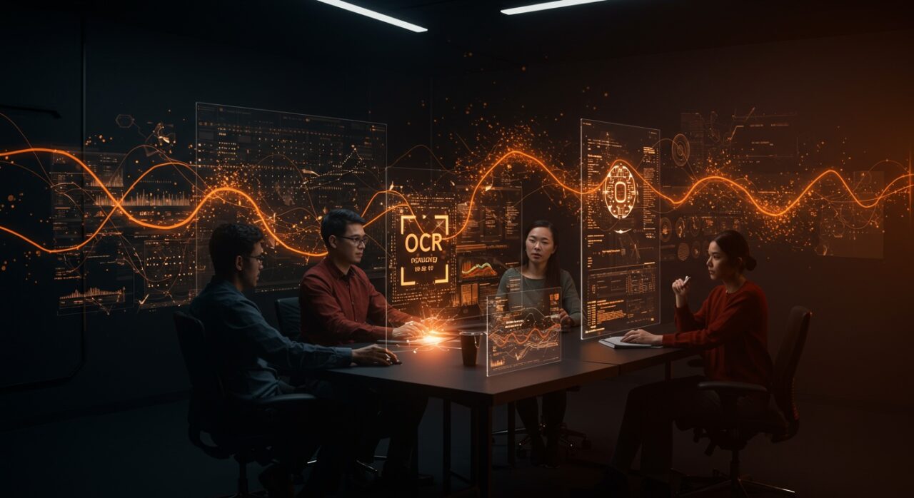Reconocimiento óptico de caracteres avanzado con IA open source en un entorno startup futurista, destacando DeepSeek OCR y visión computacional.