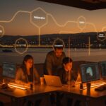 Emprendedores colaborando en un espacio de innovación tecnológica en Valparaíso con elementos visuales que representan startups, financiamiento y el ecosistema de innovación.
