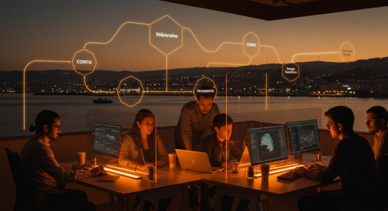 Emprendedores colaborando en un espacio de innovación tecnológica en Valparaíso con elementos visuales que representan startups, financiamiento y el ecosistema de innovación.