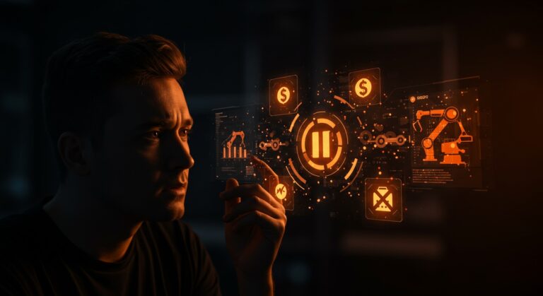 Cancelación de subvenciones de manufactura para startups tecnológicas ilustrada con fundador preocupado y metáforas visuales de financiamiento detenido en paleta naranja y negro.