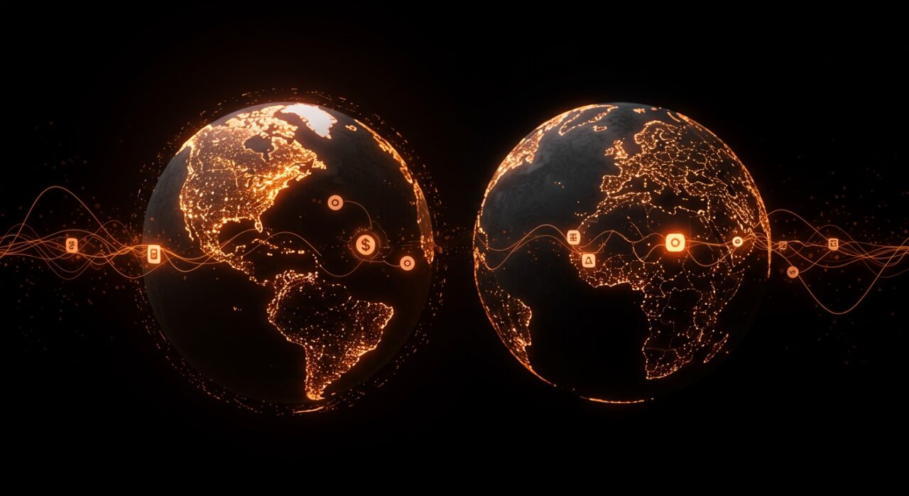 Brecha en financiación de inteligencia artificial entre Estados Unidos y Europa con flujos de inversión representados en tonos naranja y negro.