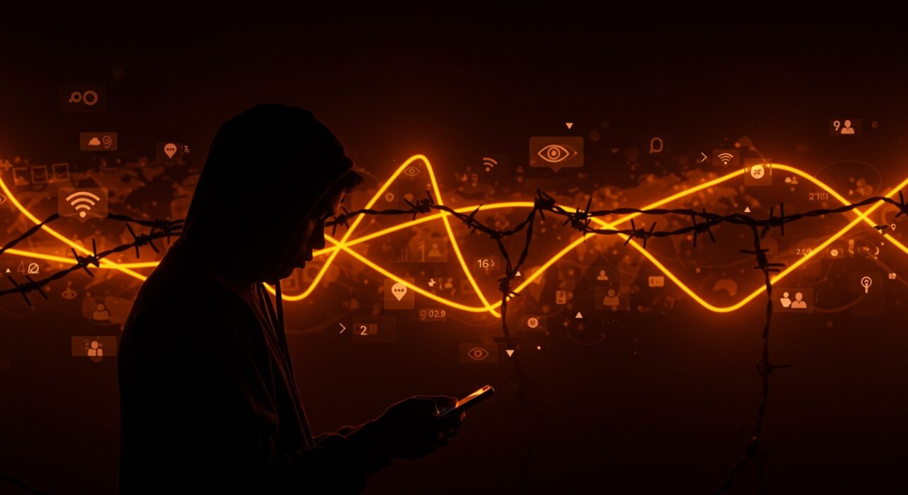 Vigilancia en redes sociales a inmigrantes legales por la administración Trump, ilustración conceptual de privacidad digital y monitoreo en social media.