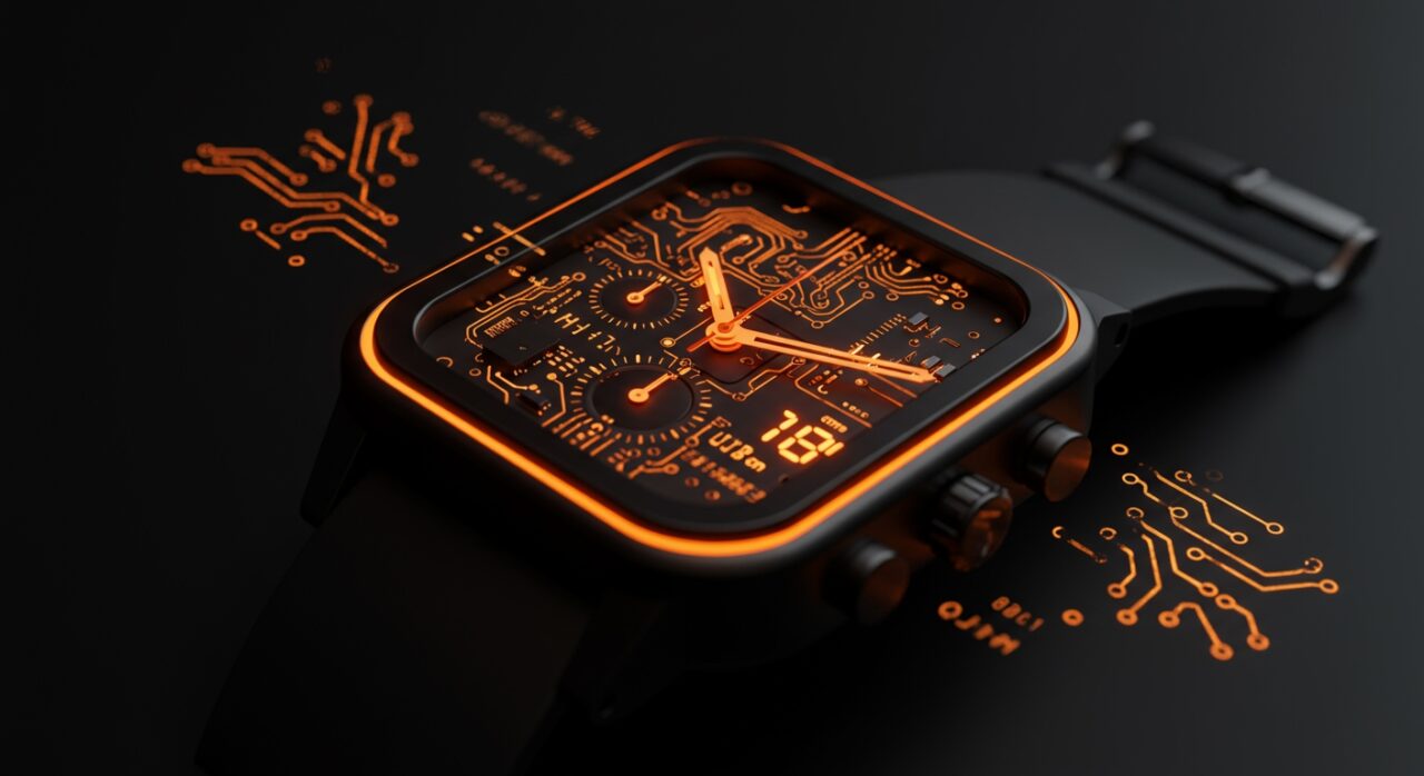 Reloj digital con hardware visible y diseño minimalista inspirado en interfaz CLI y cultura hacker, destacando innovación en relojes quartz y tendencias tech.