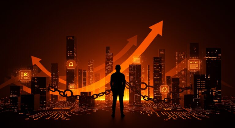 Panorama del software libre y open source en 2025 con metáforas visuales de libertad digital y desafíos del software propietario en un entorno tecnológico moderno.