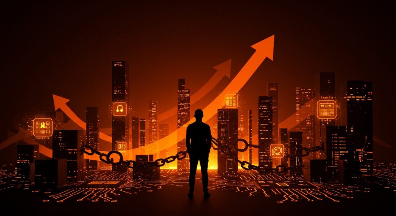 Panorama del software libre y open source en 2025 con metáforas visuales de libertad digital y desafíos del software propietario en un entorno tecnológico moderno.