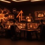 Dataset multimodal EMM-1 de Encord representado con hologramas y redes neuronales en paleta naranja y negro, destacando eficiencia en IA empresarial.