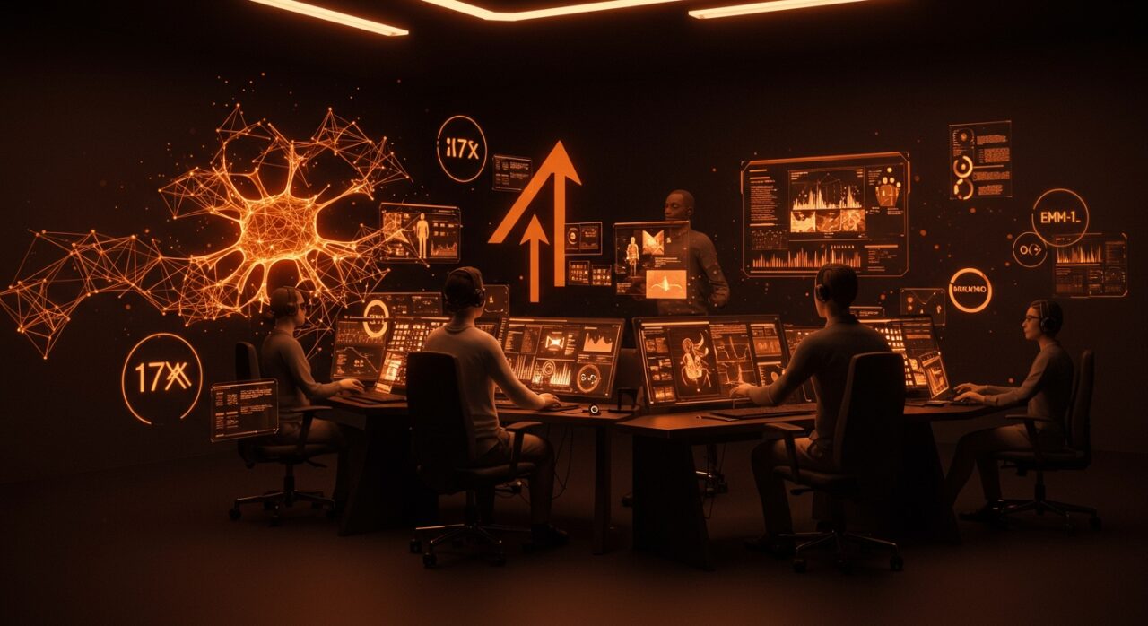 Dataset multimodal EMM-1 de Encord representado con hologramas y redes neuronales en paleta naranja y negro, destacando eficiencia en IA empresarial.