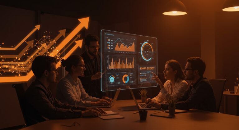 Profesionales utilizando plataforma SaaS de EMMA Energy para optimizar la eficiencia energética empresarial en startup chilena de innovación abierta.