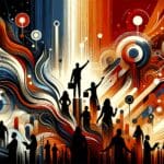 Emprendedor visionario colaborando en ecosistema startup con colores naranja y negro representando innovación y liderazgo