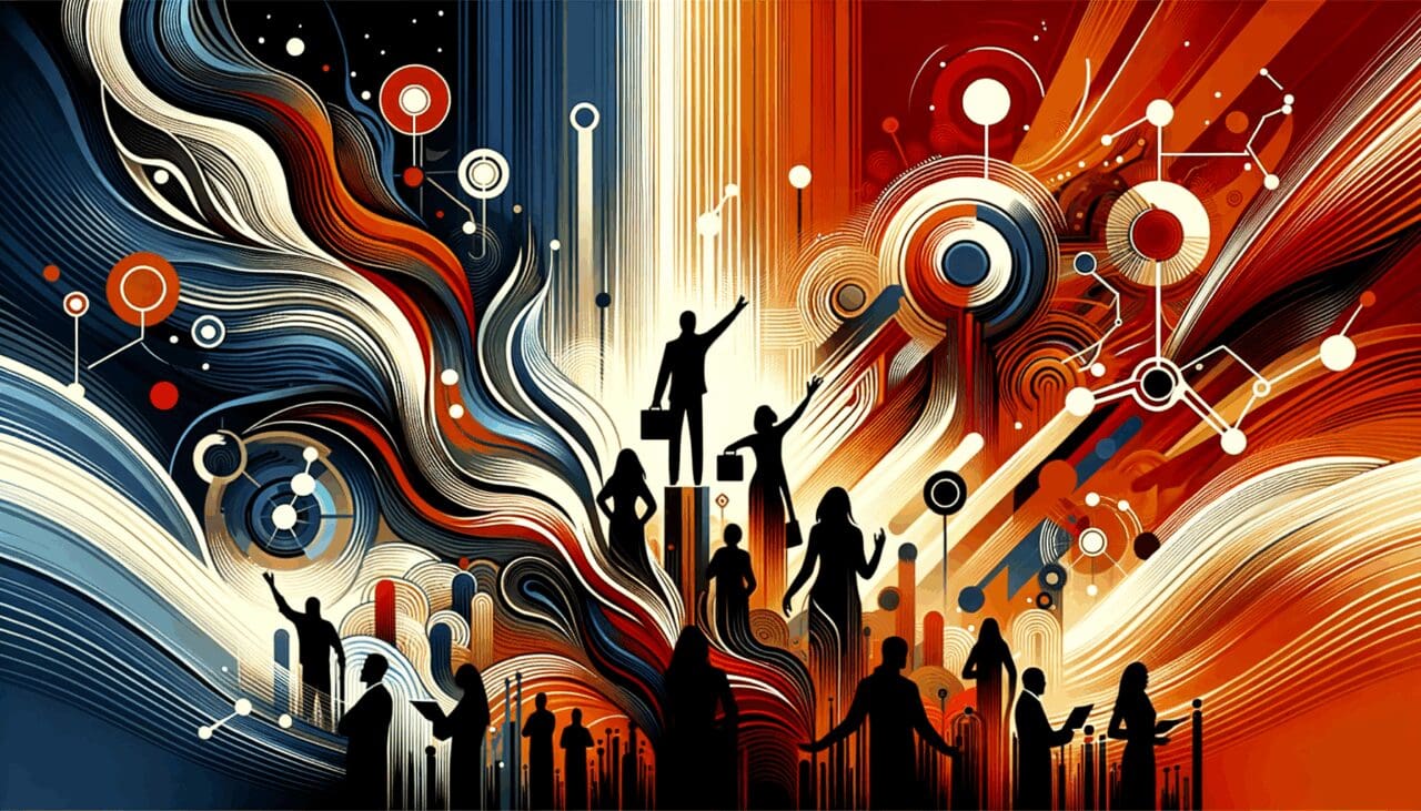 Emprendedor visionario colaborando en ecosistema startup con colores naranja y negro representando innovación y liderazgo