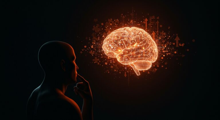 Líder tecnológico frente a una representación holográfica de inteligencia artificial y tecnología educativa, analizando el impacto de la IA en el pensamiento crítico.