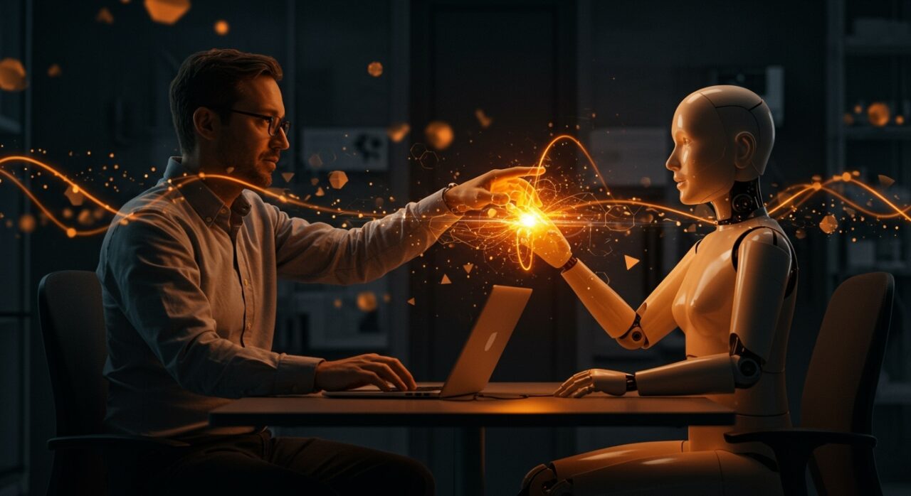 Eric Zelikman colaborando con una IA en un entorno moderno, ilustrando innovación en IA colaborativa y startups tecnológicas con funding.