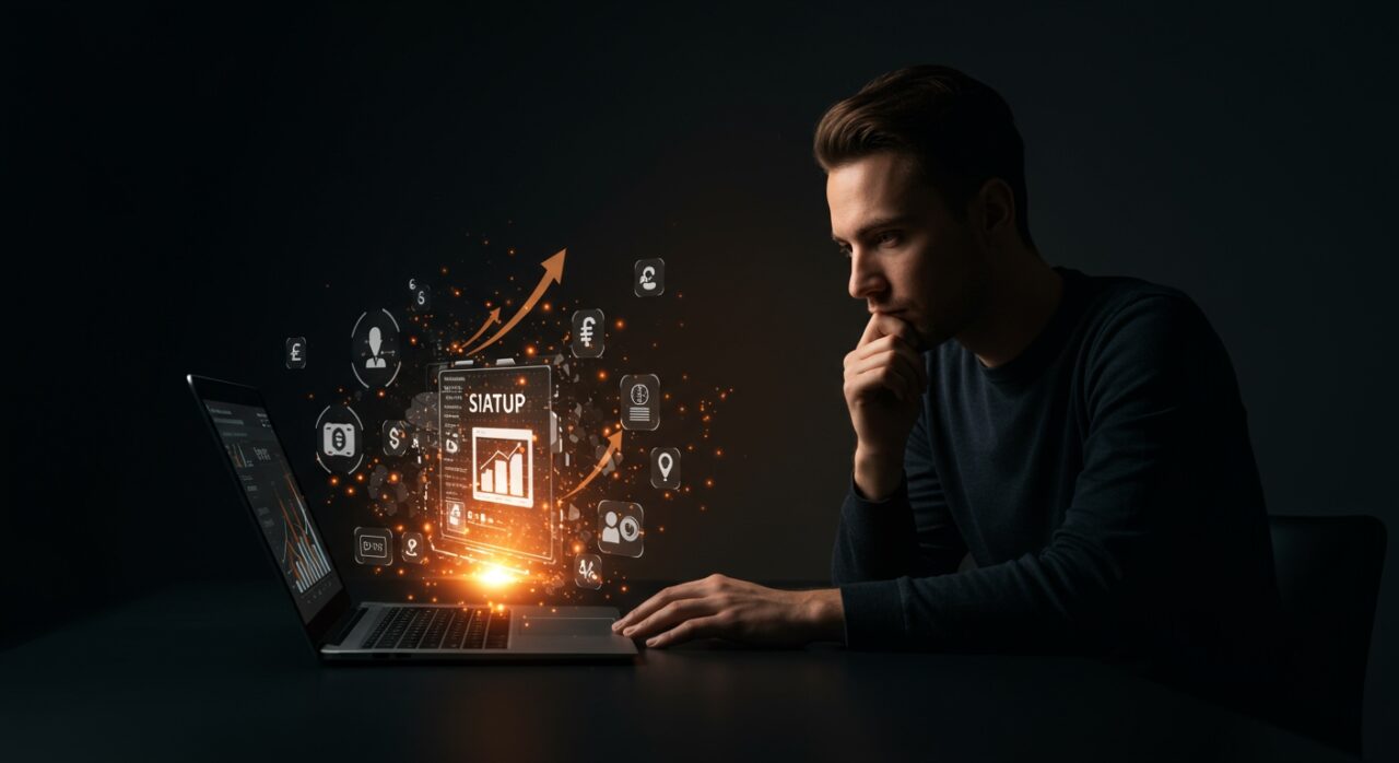 Inversor analizando un prototipo digital de producto resaltando la importancia de la validación antes de la financiación en startups.