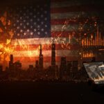 Riesgos económicos y políticos de Estados Unidos en 2025 con impacto en mercados globales y ecosistema startup, representados con tonos naranja y negro.