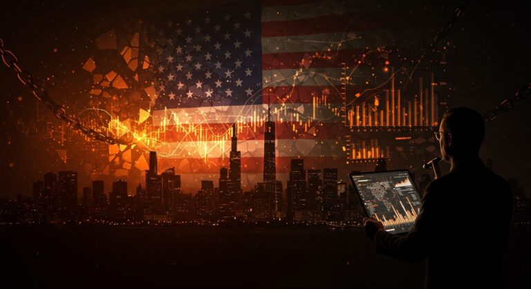 Riesgos económicos y políticos de Estados Unidos en 2025 con impacto en mercados globales y ecosistema startup, representados con tonos naranja y negro.