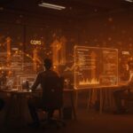 Implementación de Event Sourcing y CQRS en startup fintech con arquitectura de software escalable y auditables en colores naranja y negro.