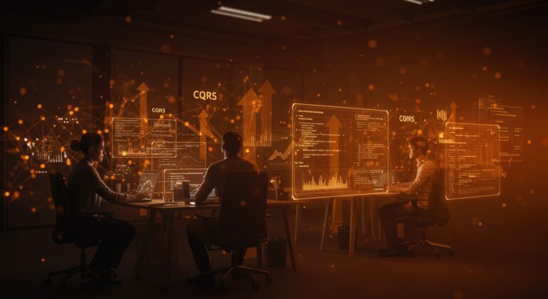 Implementación de Event Sourcing y CQRS en startup fintech con arquitectura de software escalable y auditables en colores naranja y negro.