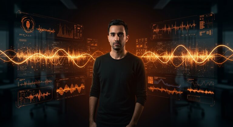 Neil Zeghidour con visualizaciones holográficas de tecnología IA de voz, representando la startup Gradium y la búsqueda de $60M en funding.