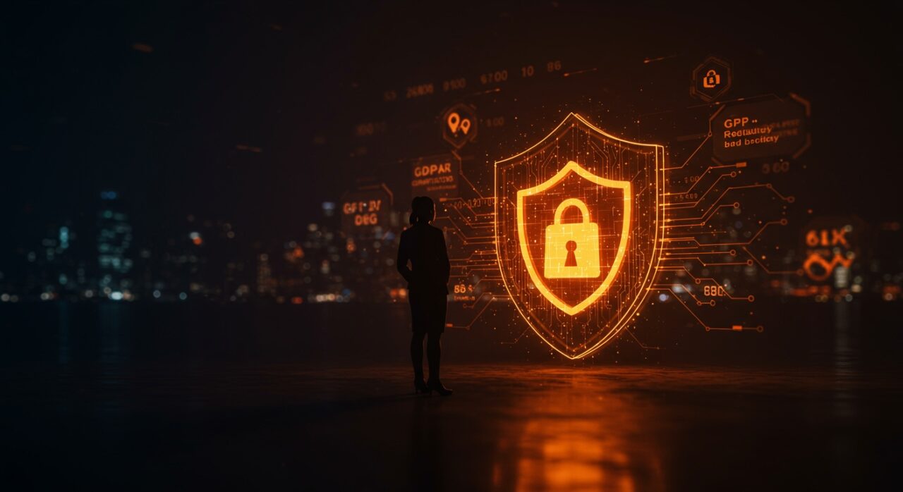 Niamh Sweeney ex ejecutiva de Meta nombrada comisionada de privacidad en Irlanda con símbolos abstractos de protección de datos y regulación GDPR.