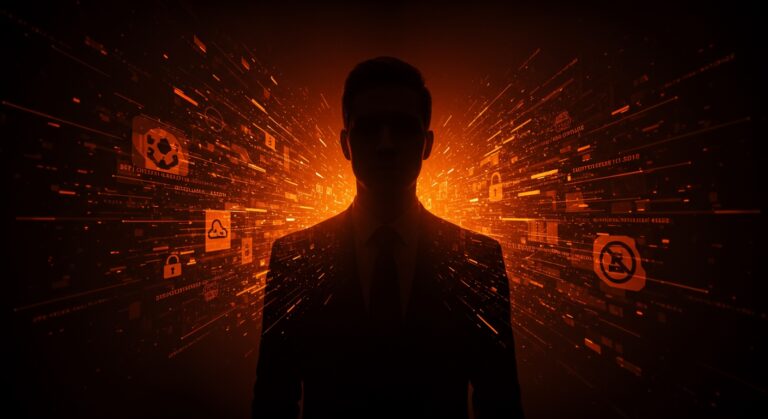 Retrato dramático de un exejecutivo vendiendo exploits ilegales en ciberseguridad en el mercado tech ruso.