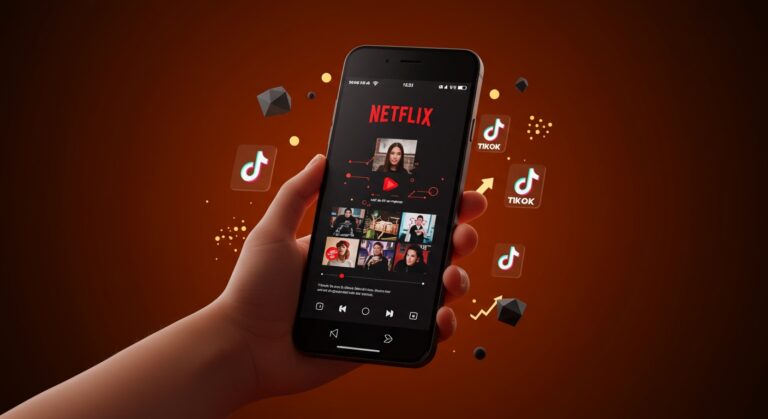 Smartphone mostrando videos verticales de Netflix en un entorno futurista en tonos naranja y negro representando experimentos de streaming y tendencias de consumo de video.