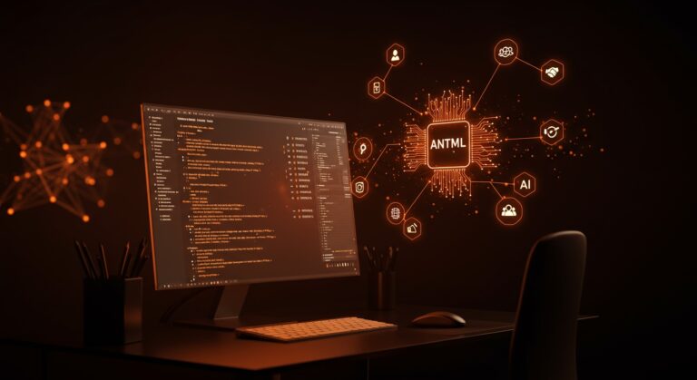 Interacción avanzada con ANTML y API de Anthropic mostrando automatización y modelos Claude en un entorno tecnológico moderno.