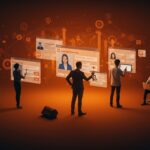 Ofertas de empleo en Facebook enfocadas en trabajo local y startups, representadas con interfaces digitales y conexiones comunitarias.