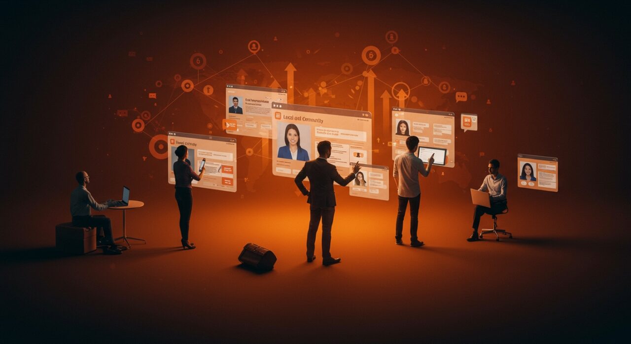 Ofertas de empleo en Facebook enfocadas en trabajo local y startups, representadas con interfaces digitales y conexiones comunitarias.