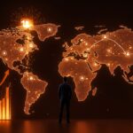 Fundador de startup catalana Factorial frente a un mapa digital global con símbolos que representan expansión internacional, inversión y tecnología SaaS en gestión de RRHH.