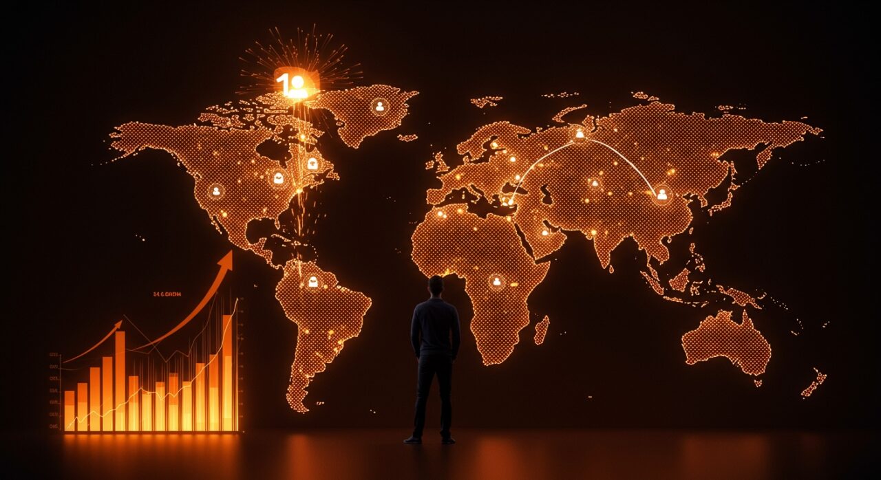 Fundador de startup catalana Factorial frente a un mapa digital global con símbolos que representan expansión internacional, inversión y tecnología SaaS en gestión de RRHH.