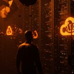 Fallo masivo de AWS representado por ingeniero digital frente a servidores con iconos de nube en naranja y negro, simbolizando interrupciones en servicios cloud globales como Canva y Roblox.