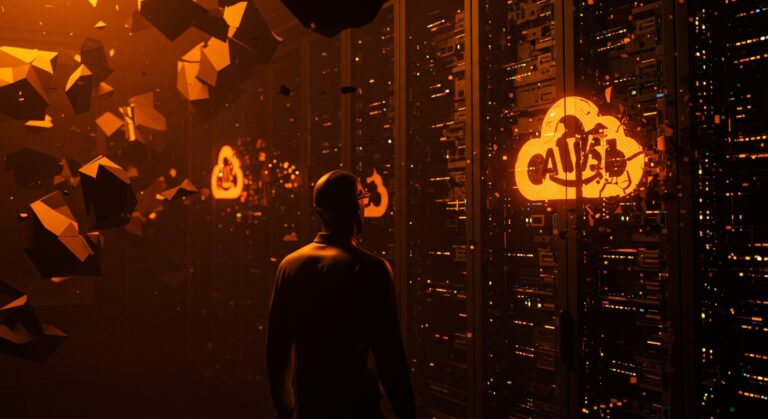 Fallo masivo de AWS representado por ingeniero digital frente a servidores con iconos de nube en naranja y negro, simbolizando interrupciones en servicios cloud globales como Canva y Roblox.