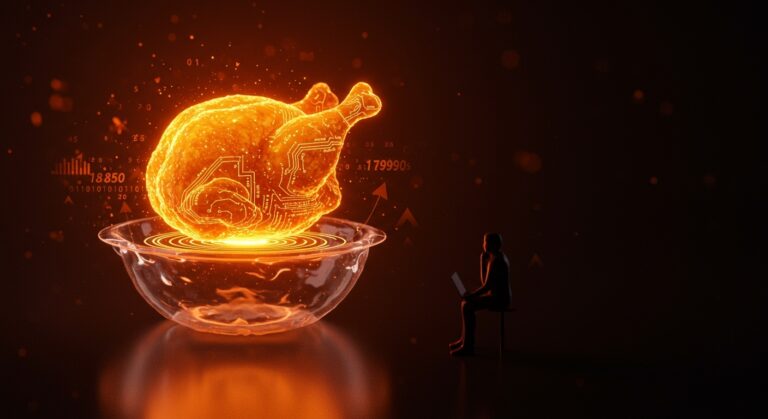 Representación visual de la fase de 'Pollo Frito' en la burbuja tecnológica de IA con un fundador observando, simbolizando tendencias de mercado y riesgos en startups.