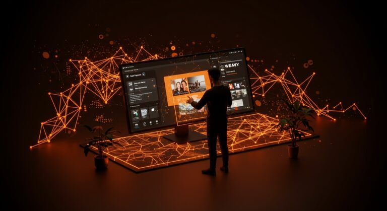 Interacción digital que representa la adquisición de Weavy por Figma y la integración de generación de medios con IA en startups tecnológicas.