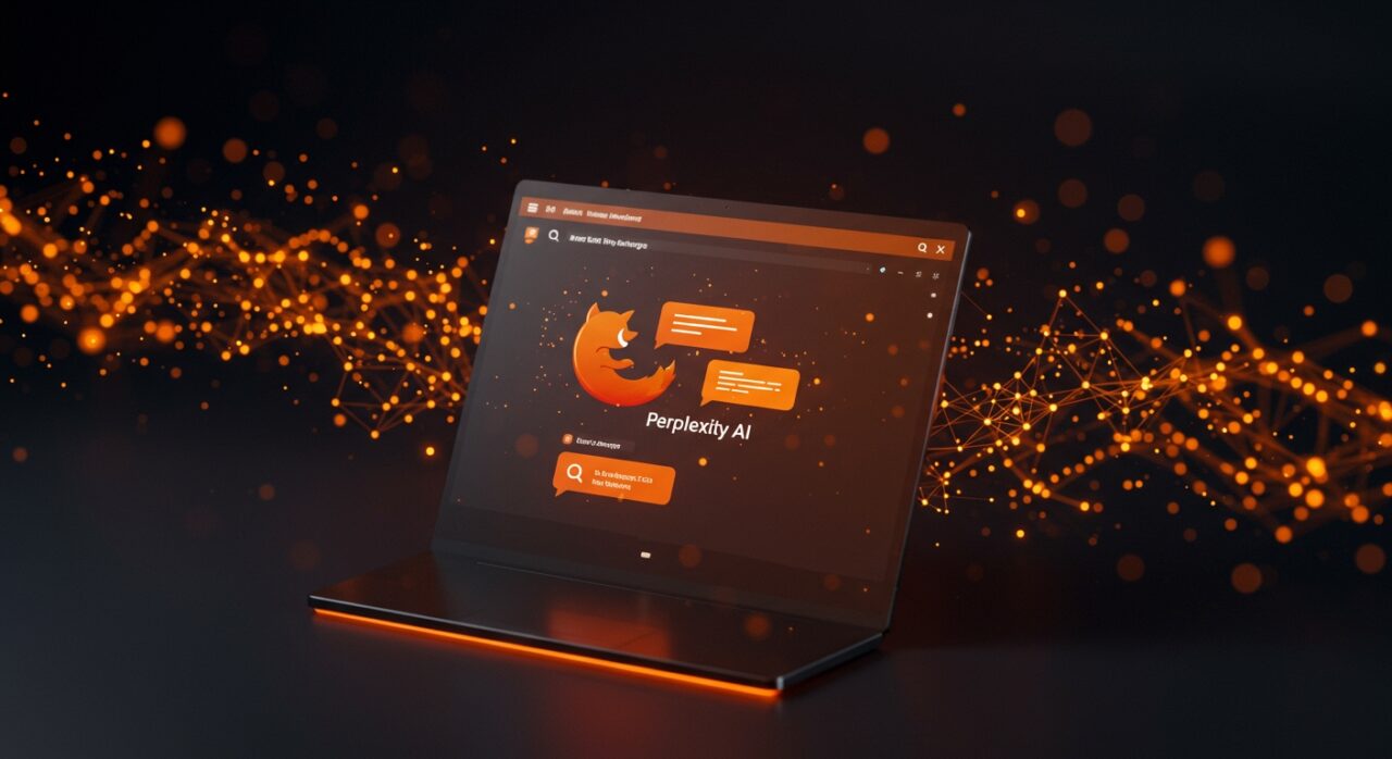 Interfaz moderna de Firefox con Perplexity AI mostrando búsqueda conversacional inteligente en un navegador con estilo Ecosistema Startup.