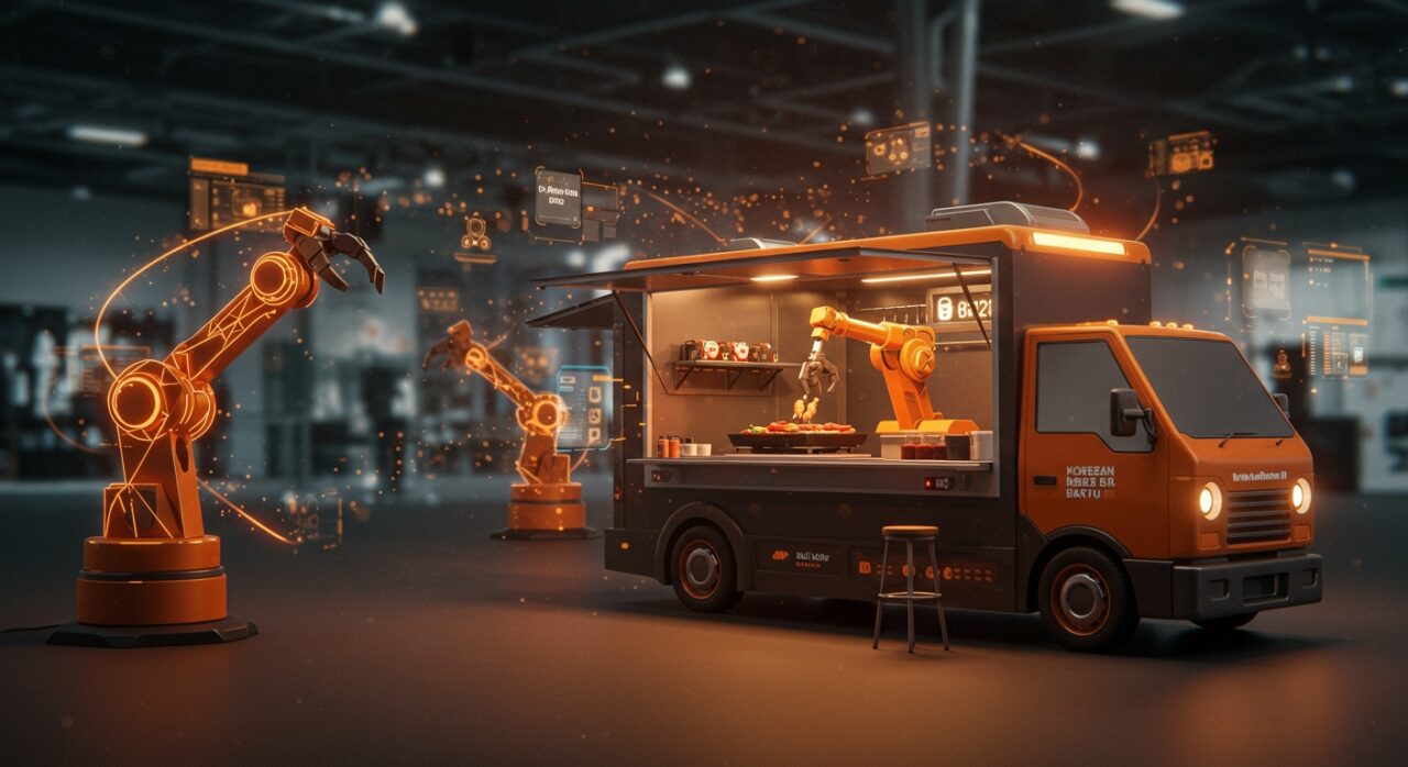 Food truck robotizado OLHSO sirviendo Korean BBQ en TechCrunch Disrupt 2025, destacando automatización y food tech innovador.