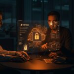 Profesionales colaborando en una plataforma de seguridad IA para industrias reguladas, destacando seguridad de datos y computación confidencial con IA aplicada.