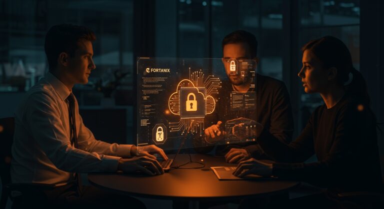 Profesionales colaborando en una plataforma de seguridad IA para industrias reguladas, destacando seguridad de datos y computación confidencial con IA aplicada.