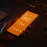 Primer plano de un móvil iluminado en naranja, representando Librephone y el futuro del software libre móvil impulsado por FSF.