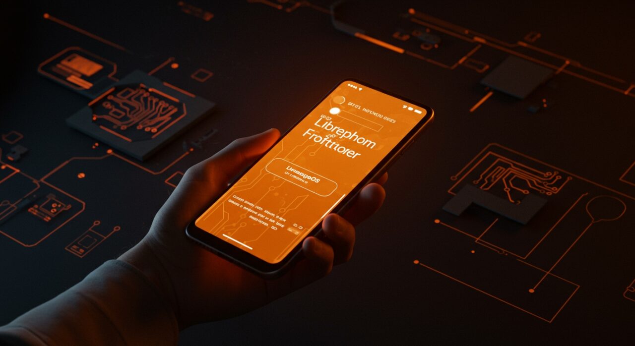 Primer plano de un móvil iluminado en naranja, representando Librephone y el futuro del software libre móvil impulsado por FSF.